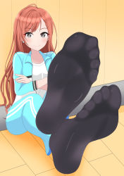 Rule 34 | 1girl, absurdres, arisugawa natsuha, bad id, bad pixiv id, beru (belse mmrkhr), black eyes, black legwear, feet, foot focus, foot up, greek toe, highres, idolmaster, idolmaster shiny colors, legs, no shoes, orange hair, soles, toes, track suit