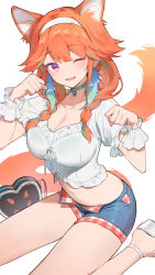 Rule 34 | 1girl, animal ears, braid, cat ears, cat tail, choker, denim, denim shorts, earrings, feather earrings, feathers, green choker, headband, highres, hololive, hololive english, jewelry, long hair, looking at viewer, n2 00345, navel, official alternate costume, one eye closed, open clothes, open fly, open mouth, open shorts, orange hair, paw pose, purple eyes, shorts, smile, solo, tail, takanashi kiara, takanashi kiara (casual), twin braids, virtual youtuber, white headband