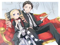 Rule 34 | 10s, 1boy, 1girl, adapted costume, beatrice (re:zero), black hair, black necktie, blonde hair, blue eyes, bow, bug, butterfly, butterfly-shaped pupils, cookie, couch, crossed legs, cup, dress, drill hair, food, formal, frilled dress, frilled sleeves, frills, gothic lolita, grin, hair bow, hairband, hand on another&#039;s knee, holding, holding cup, indoors, insect, lolita fashion, long hair, long sleeves, looking at viewer, natsuki subaru, necktie, pantyhose, plate, re:zero kara hajimeru isekai seikatsu, shake sawa, short hair, sitting, smile, striped clothes, striped pantyhose, suit, symbol-shaped pupils, teacup, twin drills, twintails