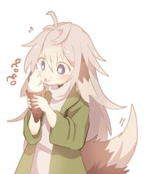 Rule 34 | 1girl, animal ears, blue eyes, commentary request, dog ears, dog tail, flying sweatdrops, food, food on face, green jacket, ice cream, ice cream cone, ice cream on face, jacket, konachiu, licking, light brown hair, long hair, long sleeves, open clothes, open jacket, original, rei-chan (konachiu), simple background, solo, tail, tongue, tongue out, turtleneck, white background