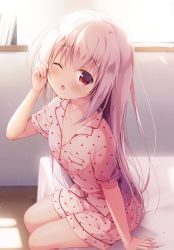 Rule 34 | 1girl, arm support, bed, blush, collared shirt, commentary request, dress shirt, feet out of frame, hair between eyes, hand up, highres, indoors, long hair, looking at viewer, miyasaka naco, on bed, one eye closed, original, parted lips, pink hair, pink shirt, pink shorts, red eyes, shirt, short shorts, shorts, sitting, sleepy, solo, very long hair, waking up