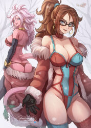 Rule 34 | 2022, 2girls, android 21, arc system works, artist name, back, bare shoulders, black gloves, black nails, blue eyes, blue thighhighs, bra, breasts, brown hair, christmas, cleavage, collarbone, colored skin, dated, dragon ball, dragon ball fighterz, dual persona, earrings, elbow gloves, female focus, glasses, gloves, gold earrings, highres, hoop earrings, jammeryx, jewelry, large breasts, light blush, lingerie, long hair, looking at viewer, multiple girls, open mouth, panties, patreon logo, patreon username, pink skin, pointy ears, red panties, red thighhighs, sidelocks, smile, standing, tail, teeth, thick thighs, thighhighs, thighs, twitter logo, twitter username, underwear, upper teeth only, watermark, web address, white hair