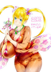 Rule 34 | 1girl, 2017, :&gt;, arrow (projectile), blonde hair, blue eyes, breast press, breasts, covered erect nipples, highres, huge breasts, japanese clothes, kimono, long hair, mozu-k, new year, original, simple background, smile, solo, translated, twintails, white background, wide hips