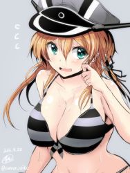 Rule 34 | 10s, 1girl, bikini, blonde hair, blush, breasts, cleavage, commentary request, flying sweatdrops, gin&#039;ichi (akacia), grey background, hair between eyes, hat, kantai collection, large breasts, long hair, navel, open mouth, prinz eugen (kancolle), simple background, solo, striped bikini, striped clothes, sweat, swimsuit, twintails, twitter username, upper body