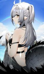 Rule 34 | 1girl, ahoge, arknights, back, bare shoulders, bikini, black bikini, black choker, blue sky, blush, breasts, brown eyes, choker, cine (wazd0183), cowboy shot, crocodilian tail, day, from behind, grey hair, highres, holding, long hair, looking at viewer, looking back, official alternate costume, official alternate hairstyle, outdoors, parted lips, pointy ears, rainbow, scales, sky, small breasts, swimsuit, tail, tomimi (arknights), two side up