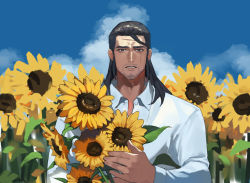 Rule 34 | 1boy, black hair, day, facial hair, flower, holding, holding flower, long hair, long sleeves, looking at viewer, male focus, original, outdoors, scar, scar across eye, scar on face, scar on forehead, sei ouka, shirt, solo, stubble, sunflower, upper body, white shirt