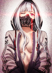 Rule 34 | 1girl, ak-12, ak-12 (girls&#039; frontline), assault rifle, bad id, bad pixiv id, breasts, choker, cleavage, clothes writing, girls&#039; frontline, glowing, glowing eyes, gradient background, hands in pockets, highres, hood, hood up, hooded jacket, jacket, kalashnikov rifle, long hair, long sleeves, looking at viewer, mask, medium breasts, mouth mask, one eye closed, open clothes, open jacket, red eyes, respirator, sakaki rin, silver hair, simple background, solo, underwear, upper body, white jacket