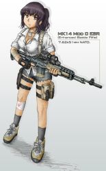 Rule 34 | 1girl, bandages, battle rifle, breasts, call of duty, call of duty: modern warfare 3, cleavage, cutoffs, dog tags, earrings, english text, eotech, fingerless gloves, geococcyx, gloves, gun, holster, injury, jewelry, large breasts, m14, mk 14 mod 0 ebr, rifle, shirt, shorts, shoulder holster, sleeves rolled up, solo, tattoo, taut clothes, taut shirt, thigh holster, thigh strap, trigger discipline, weapon