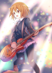 Rule 34 | 1girl, :d, backlighting, black jacket, black pantyhose, brown footwear, brown hair, buttons, commentary, commentary request, electric guitar, guitar, hair between eyes, hair ornament, hairclip, hirasawa yui, instrument, jacket, k-on!, medium hair, open mouth, pantyhose, pink skirt, pizza (pizzania company), red eyes, sakuragaoka high school uniform, school uniform, shoes, skirt, smile, solo, strap, symbol-only commentary, teeth, upper teeth only