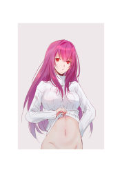 Rule 34 | 1girl, absurdres, border, bottomless, breasts, clothes lift, fate/grand order, fate (series), highres, large breasts, lifted by self, long hair, long sleeves, medium breasts, naked sweater, navel, out-of-frame censoring, purple hair, red eyes, ribbed sweater, runningpig, scathach (fate), scathach (fate), solo, sweater, sweater lift, turtleneck, turtleneck sweater, white border