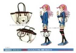 Rule 34 | 1girl, 2016, absurdres, ahoge, bag, character sheet, dated, digimon, digimon universe: appli monsters, female focus, full body, highres, holding, holding bag, karan eri, multiple views, necktie, official art, pink hair, scan, shoes, smile, standing, thighhighs, translation request, twintails