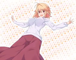 Rule 34 | 1girl, :d, antenna hair, arcueid brunestud, auru t, blonde hair, blush, breasts, cowboy shot, eyebrows, hair intakes, long skirt, long sleeves, looking at viewer, medium breasts, open mouth, outstretched arms, polka dot, polka dot background, red eyes, red skirt, short hair, sidelocks, skirt, smile, solo, spread arms, tsukihime, turtleneck