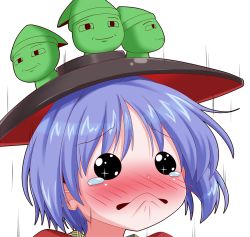 Rule 34 | 1girl, arc system works, black eyes, blue hair, blush, bowl, faust, faust (guilty gear), frown, guilty gear, guilty gear xrd, hat, japanese clothes, kanchou, little green men, oden (th-inaba), parody, purple hair, short hair, simple background, smiley face, solo, sparkling eyes, style parody, sukuna shinmyoumaru, tears, touhou, upper body, urban legend in limbo, wavy mouth, white background