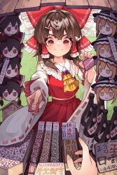 Rule 34 | absurdres, blush, bottle, bow, brown hair, charm (object), coin purse, commentary request, detached sleeves, frills, fumo (doll), hair bow, hair ornament, hair tubes, hairclip, hakurei reimu, highres, holding, japanese clothes, looking at viewer, market stall, merchandise, midriff, miko, nontraditional miko, pov, red bow, red eyes, red shirt, red skirt, shirt, sidelocks, skirt, touhou, wide sleeves, zhengqi zhizi sg