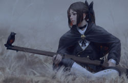 Rule 34 | 1girl, bird, black bow, bolt action, bow, brown hair, cape, choker, commentary, crossed legs, gun, guweiz, hair bow, highres, holding, lee-enfield, looking at animal, original, realistic, rifle, short hair, solo, weapon