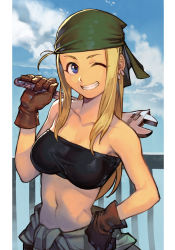Rule 34 | 1girl, bandana, bandeau, blonde hair, blue eyes, blue sky, breasts, brown gloves, clothes around waist, cloud, cloudy sky, fullmetal alchemist, gloves, hungry clicker, long hair, medium breasts, navel, one eye closed, shirt, shirt around waist, sky, smile, solo, winry rockbell, wrench