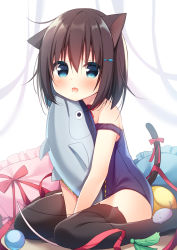 Rule 34 | 1girl, animal ear legwear, animal ears, bare shoulders, black hair, black thighhighs, blue eyes, blue one-piece swimsuit, blush, bow, cat ear legwear, cat ears, cat girl, cat tail, commentary request, fish hair ornament, frilled pillow, frills, hair between eyes, hair ornament, hanamiya natsuka, looking at viewer, one-piece swimsuit, original, pillow, red bow, school swimsuit, sitting, solo, strap slip, stuffed animal, stuffed fish, stuffed toy, swimsuit, tail, tail bow, tail ornament, thighhighs, tongue, tongue out, wariza