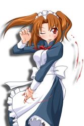 Rule 34 | 00s, 1girl, bad anatomy, blood, brown hair, lowres, maid, poorly drawn, red eyes, solo, tongue, tsukihime, twintails, two side up, yumizuka satsuki