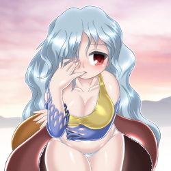 Rule 34 | 1girl, bare shoulders, blue hair, blush, breasts, cleavage, collarbone, commentary request, cowboy shot, dress, finger in own mouth, fingernails, hair over one eye, highleg, highleg panties, large breasts, leaning forward, long hair, looking to the side, panties, red eyes, sakata nemuno, solo, thighs, touhou, underwear, very long hair, wide hips, winn