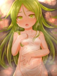 Rule 34 | 1girl, absurdres, blush, breasts, covering privates, green eyes, green hair, hair over shoulder, highres, holding, holding towel, kantai collection, long hair, nagatsuki (kancolle), naked towel, nude cover, open mouth, see-through, small breasts, solo, steam, suzushiro (gripen39), sweat, towel, wet towel