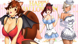 Rule 34 | 3girls, :d, alternate costume, animal ears, antenna hair, bare shoulders, bat wings, black wings, blazblue, blush, bow, breasts, broom, broom riding, brown eyes, brown hair, bullet (blazblue), camisole, candle, celica a. mercury, choker, cleavage, collarbone, cowboy shot, dark-skinned female, dark skin, detached sleeves, dragon@harry, dress, elbow gloves, embarrassed, english text, fishnet pantyhose, fishnets, flipped hair, frills, ghost, gloves, gold trim, hair between eyes, hair bow, halloween, hand on own chest, happy halloween, hat, hat bow, head tilt, high ponytail, holding, huge breasts, jack-o&#039;-lantern, large breasts, layered dress, leaning forward, long hair, looking at viewer, makoto nanaya, multicolored hair, multiple girls, o-ring, o-ring top, open mouth, orange eyes, pantyhose, parted bangs, parted lips, pleated dress, ponytail, pumpkin, raised eyebrows, red eyes, red hair, scar, scar on face, scar on nose, short dress, short hair, side slit, sideboob, sidelocks, smile, squirrel ears, squirrel tail, standing, star (symbol), strapless, strapless dress, striped, striped background, tail, thighhighs, top hat, two-tone hair, v arms, vertical stripes, wand, white gloves, white hair, white legwear, wings, witch, zettai ryouiki