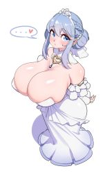 Rule 34 | ..., 1girl, arms behind back, blue eyes, breasts, cleavage, commentary request, crystal rose sona, detached collar, detached sleeves, dress, hairband, highres, huge breasts, korean commentary, league of legends, looking at viewer, purple hair, sona (league of legends), speech bubble, standing, white background, white dress, yabby