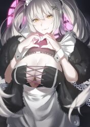 Rule 34 | 1girl, alternate costume, apron, bow, breasts, cleavage, cleavage cutout, closed mouth, clothing cutout, coat, commentary request, cross-laced clothes, cross-laced top, fate/grand order, fate (series), frills, fringe trim, fur coat, furrowed brow, hair between eyes, hair ornament, heart, heart hands, highres, jeanne d&#039;arc alter (fate), large breasts, long hair, looking at viewer, maid, maid apron, puffy short sleeves, puffy sleeves, ri o ne su, short sleeves, solo, standing, sweatdrop, twintails, waist apron, white apron, white bow, white hair, wrist cuffs, x hair ornament, yellow eyes