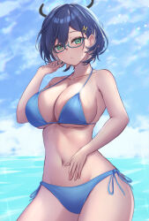 Rule 34 | 1girl, absurdres, aqua-framed eyewear, bare arms, bare shoulders, bikini, blue archive, blue bikini, blue hair, blush, breasts, chihiro (blue archive), cleavage, closed mouth, collarbone, commentary, glasses, green eyes, hair ornament, halo, halterneck, hand in own hair, hand on own stomach, highres, large breasts, looking at viewer, navel, neko punch (user hddm3373), outdoors, rabbit hair ornament, semi-rimless eyewear, short hair, side-tie bikini bottom, solo, stomach, swimsuit, under-rim eyewear
