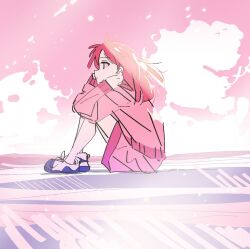 Rule 34 | 1girl, bocchi the rock!, cloud, commentary request, from side, full body, hand on own face, hands up, highres, jacket, kerorira, kita ikuyo, knees up, long hair, long sleeves, outdoors, pink hair, pink jacket, pink shorts, pink sky, pink theme, profile, shoes, shorts, sitting, sky, sneakers, solo, wind