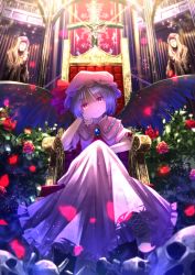 Rule 34 | 1girl, arm support, ascot, bat wings, bone, brooch, chain, church, cross, dress, female focus, flower, hat, hat ribbon, jewelry, looking at viewer, pink dress, puffy sleeves, purple eyes, purple hair, red flower, red rose, remilia scarlet, ribbon, rose, ryosios, short hair, short sleeves, sitting, skull, smile, solo, statue, throne, touhou, wings