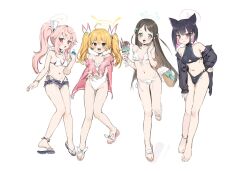 Rule 34 | 4girls, airi (blue archive), alternate costume, animal ears, anklet, bare shoulders, bikini, black bikini, black hair, blonde hair, blue archive, blush, bracelet, breasts, casual one-piece swimsuit, cat ears, cat girl, collarbone, covered navel, denim, denim shorts, flat chest, food-themed hair ornament, green eyes, hair ornament, halo, highleg, highres, holding food, holding ice cream, ice cream, ice cream hair ornament, jacket, jewelry, kazusa (blue archive), long hair, looking at viewer, multiple girls, natsu (blue archive), navel, nemo (leafnight), off shoulder, one-piece swimsuit, open clothes, open jacket, open mouth, pink eyes, pink hair, red eyes, sandals, short shorts, shorts, side ponytail, simple background, small breasts, smile, swimsuit, swimsuit under clothes, twintails, white background, white bikini, white one-piece swimsuit, yoshimi (blue archive)