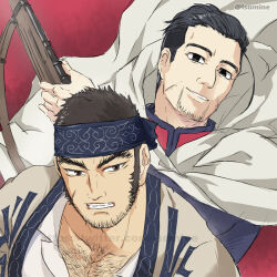 Rule 34 | 2boys, ainu clothes, bara, beard stubble, chest hair peek, clenched teeth, collared shirt, evil smile, facial hair, fighting stance, floating clothes, frown, golden kamuy, holding, holding weapon, isomine, large pectorals, long sideburns, male focus, mature male, multiple boys, muscular, muscular male, ogata hyakunosuke, pectoral cleavage, pectorals, shirt, short hair, sideburns, smile, stubble, tanigaki genjirou, teeth, thick eyebrows, upper body, weapon