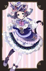 Rule 34 | 1girl, aiba uiha, animal ear fluff, animal ears, asymmetrical legwear, black hair, black thighhighs, blue eyes, bow, bowtie, braid, capelet, cat ears, cat girl, cat tail, check commentary, commentary request, corset, frilled capelet, frilled shirt, frilled skirt, frills, fur-trimmed capelet, fur trim, gloves, grin, hair ornament, hat, heart, heart hair ornament, highres, index fingers raised, layered skirt, long hair, long sleeves, looking at viewer, mini hat, mismatched legwear, mole, mole under eye, nijisanji, pink bow, pink bowtie, pointing, pointing at self, purple bow, purple bowtie, purple capelet, purple hat, purple skirt, shirt, shunka tunacan, skirt, smile, solo, tail, thighhighs, twin braids, underbust, virtual youtuber, white gloves, white shirt, white skirt, white thighhighs