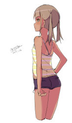 Rule 34 | 1girl, bare arms, bare shoulders, black shorts, brown eyes, brown hair, camisole, dated, from side, hand on own hip, long hair, looking away, maze (gochama ze gohan), original, short shorts, shorts, signature, simple background, solo, striped, striped camisole, tan, twintails, white background