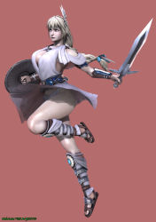 Rule 34 | 1girl, 3d, absurdres, blonde hair, blue eyes, breasts, female focus, highres, hip focus, holding, holding weapon, jumping, large breasts, legs, long hair, panties, pink background, sandals, shield, simple background, skirt, sophitia alexandra, soul calibur, sword, the majestic, thick thighs, thighs, underwear, upskirt, weapon, wide hips