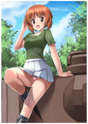 Rule 34 | 1girl, arm support, black footwear, black socks, blue sky, blurry, blurry background, boots, brown eyes, brown hair, cloud, cloudy sky, commentary request, day, depth of field, foot up, girls und panzer, green shirt, hand in own hair, leaning back, looking at viewer, military, military vehicle, miniskirt, motor vehicle, nishizumi miho, on vehicle, ooarai military uniform, open mouth, outdoors, outline, panties, pantyshot, panzer iv, panzer iv, pink panties, pleated skirt, shirt, short hair, short sleeves, skirt, sky, smile, socks, solo, standing, t k, tank, underwear, white outline, white skirt, zipper