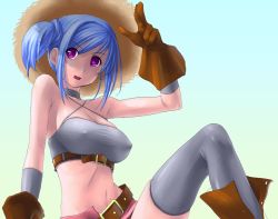 Rule 34 | blue hair, breasts, choker, cleavage, covered erect nipples, gloves, hat, large breasts, mak, midriff, purple eyes, solo, tank top, thighhighs