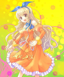Rule 34 | 1girl, ascot, blonde hair, blue ascot, bow, brown eyes, calamity jane, collar, detached sleeves, dress, frills, hair bow, long hair, orange dress, smile, solo, waist bow, wild arms, wild arms 1, yellow background, yoshi (koloio)
