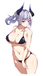 Rule 34 | 1girl, absurdres, arknights, bare arms, bare shoulders, bikini, black bikini, blz buluozhang, breasts, brown eyes, collarbone, commentary, cowboy shot, halterneck, highres, horns, large breasts, liskarm (arknights), long hair, navel, ponytail, silver hair, simple background, solo, standing, stomach, strap gap, swimsuit, thighs, white background