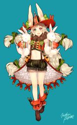 Rule 34 | 1girl, :&lt;, :d, absurdres, animal, animal ears, blue background, fake animal ears, frills, full body, green eyes, hair ornament, hair ribbon, hat, heterochromia, highres, long hair, long sleeves, looking at viewer, midriff, mika pikazo, navel, open mouth, original, pointy ears, puffy pants, purple eyes, rabbit, rabbit ears, ribbon, shorts, simple background, smile, solo, standing, stomach, walking, white hair