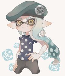 Rule 34 | 1girl, aqua hat, beret, black pants, blue hair, blue shirt, closed mouth, cropped legs, hand on own hip, hat, highres, inkling, inkling girl, inkling player character, lemo (lemo 4), long hair, looking at viewer, nintendo, pants, pointy ears, print shirt, shirt, simple background, smile, solo, splatoon (series), star-shaped pupils, star (symbol), symbol-shaped pupils, tentacle hair, white background, yellow eyes