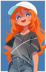 Rule 34 | 1girl, baseball cap, black shirt, blue background, bright pupils, denim, hand on own hip, hat, highres, jeans, jewelry, long hair, looking at viewer, necklace, open mouth, orange hair, original, pants, shirt, shirt partially tucked in, simple background, smile, solo, takarai shunsuke, white hat, white pupils