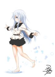 Rule 34 | 1girl, bare legs, barefoot, belt, black skirt, blue eyes, commentary request, flat chest, full body, hair between eyes, hibiki (kancolle), kantai collection, leg up, long hair, long sleeves, looking at viewer, looking to the side, musical note, outstretched arms, puddle, shirt, sidelocks, signature, silver hair, simple background, skirt, solo, standing, standing on one leg, verniy (kancolle), white background, white shirt, yua (checkmate)