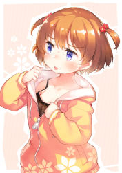 Rule 34 | 1girl, blue eyes, blush, brown background, brown camisole, brown hair, camisole, collarbone, commentary request, copyright request, drawstring, floral background, flower, hair flower, hair ornament, hood, hood down, hooded jacket, jacket, kito (sorahate), long sleeves, looking away, open clothes, open jacket, orange jacket, outline, partially unzipped, puffy long sleeves, puffy sleeves, red flower, sleeves past wrists, solo, sweat, tongue, tongue out, two side up, white outline