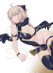 Rule 34 | 1girl, absurdres, arm support, black bow, black scarf, blonde hair, bottomless, bow, breasts, cleavage, elbow gloves, fate/grand order, fate (series), gloves, groin, highres, katana, liangchanxingmingrixiang, looking at viewer, lying, medium breasts, navel, okita j. souji (fate), okita j. souji (first ascension) (fate), okita souji (fate), okita souji (koha-ace), on side, polka dot, polka dot background, scarf, single elbow glove, smile, solo, strap gap, sword, thighhighs, weapon, white background, yellow eyes