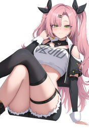 1girl absurdres bare_shoulders black_gloves black_shorts black_sleeves black_thighhighs blush breasts cleavage closed_mouth clothing_cutout commentary_request cropped_shirt crossed_legs detached_sleeves gloves hair_intakes hair_ornament hairclip highres icetea_art jacket large_breasts long_hair looking_at_viewer mole mole_under_eye nicole_demara pink_hair shirt short-sleeved_jacket short_shorts short_sleeves shorts shoulder_cutout simple_background single_thighhigh solo thighhighs thighs two_side_up white_background white_shirt zenless_zone_zero