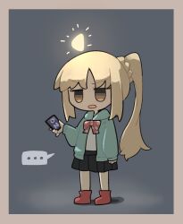 Rule 34 | ..., 1girl, ahoge, arm at side, black skirt, blonde hair, bocchi the rock!, border, bow, chibi, commentary request, controller, full body, green hoodie, grey background, hand up, highres, holding, hood, hoodie, ijichi nijika, jitome, light, long hair, long sleeves, no pupils, no sclera, open mouth, pleated skirt, polka dot, polka dot bow, ponytail, red bow, red footwear, remote control, ry (pitamin5), sidelocks, skirt, solo, speech bubble, spoken ellipsis, standing, v-shaped eyebrows, very long hair, yellow eyes