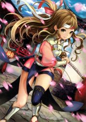 Rule 34 | 1girl, armor, battoujutsu stance, brown hair, cherry blossoms, curly hair, fighting stance, fire emblem, fire emblem cipher, fire emblem fates, hana (fire emblem), headband, highres, japanese clothes, katana, long hair, looking at viewer, nintendo, official art, petals, pisuke, ready to draw, sheath, sheathed, shin guards, single thighhigh, solo, sword, thighhighs, weapon, yellow eyes