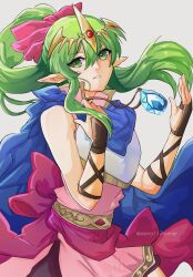 Rule 34 | 1girl, absurdres, artist name, belt, blue scarf, bow, commentary, crystal, fire emblem, fire emblem: mystery of the emblem, green eyes, green hair, hair bow, highres, jewelry, long hair, necklace, nintendo, parted lips, pink bow, pointy ears, scarf, sierra117renner, simple background, solo, teeth, tiara, tiki (fire emblem), tiki (young) (fire emblem), twitter username, watermark, white background