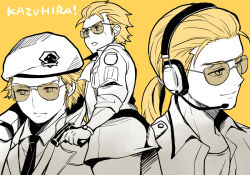 Rule 34 | 1boy, age comparison, beret, blonde hair, character name, coat, facial hair, gun, hat, headset, holding, holding gun, holding weapon, kazuhira miller, male focus, medium hair, metal gear (series), metal gear 2: solid snake, metal gear solid v: the phantom pain, monochrome, multiple boys, multiple persona, necktie, neckwear request, ponytail, serious, short hair, sideways glance, simple background, sleeves rolled up, smile, sodayabp, spot color, stubble, sunglasses, watch, weapon